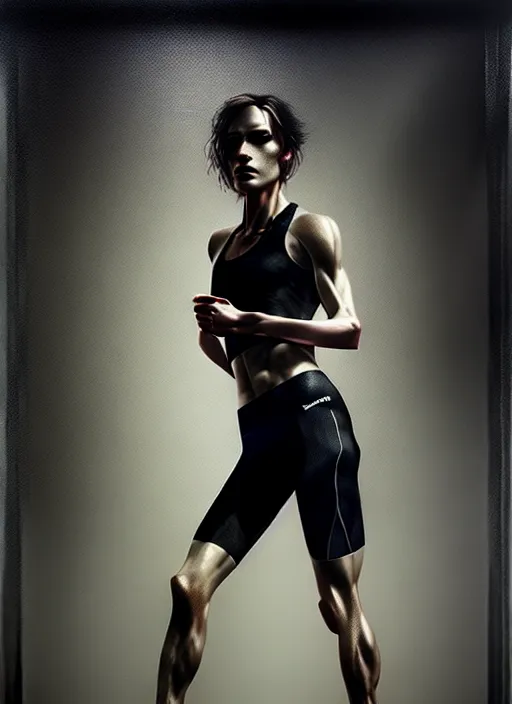 Image similar to a beautiful woman in running clothes surrounded by black roses, by Casey Baugh, Steve Caldwell, Gottfried Helnwein, digital render, hyperrealism, 8k resolution, masterpiece work.