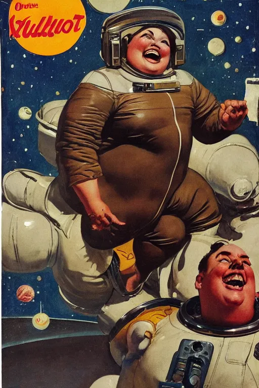 Image similar to 5 0 s pulp scifi fantasy illustration full body portrait laughing overweight woman in leather spacesuit, space scene, by norman rockwell, roberto ferri, daniel gerhartz, edd cartier, jack kirby, howard v brown, ruan jia, tom lovell, frank r paul, jacob collins, dean cornwell, astounding stories, amazing, fantasy, other worlds