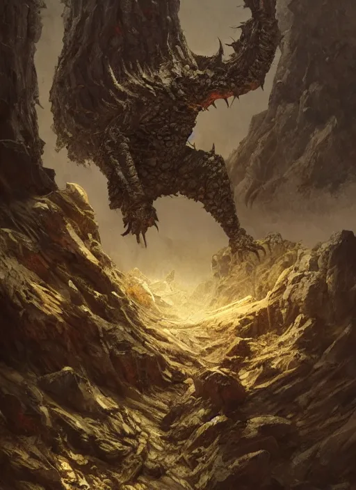 Prompt: a friendly monster in the mountains of hell, oil painting by tomasz jedruszek and greg rutkowski, cinematic lighting, pen and ink, intricate line, hd, 4 k, million of likes, trending on artstation