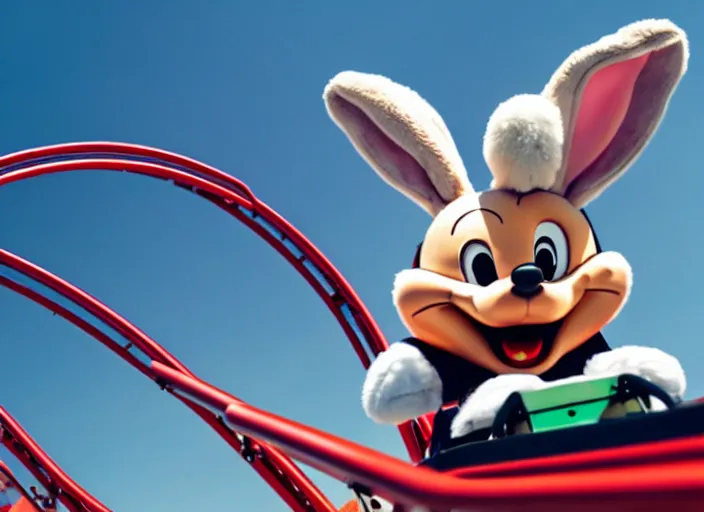 Image similar to film still of a bunny riding a roller coaster in disneyland paris, 8 k