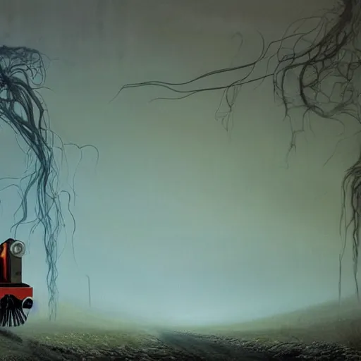 Image similar to thomas the tank engine in style of zdzisław beksinski, extremely dramatic lighting, 8 k, tendrils, black, darkness, black slime tendrils, infected, rust, body horror, thomas the train, thomas the tank engine face, horror,