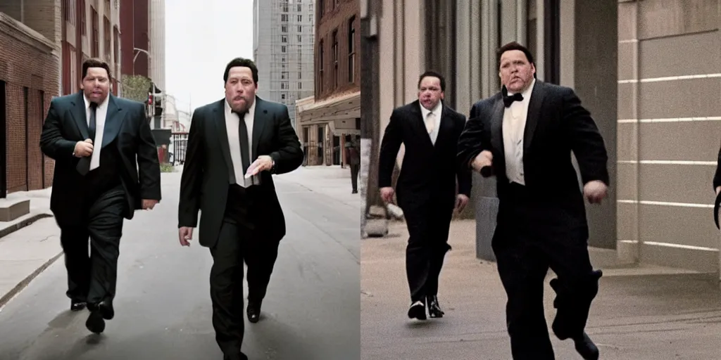 Prompt: clean-shaven Jon Favreau as Happy Hogan wearing a black suit and black necktie boxing with his clone in the streets of Chicago cinematic 35mm film still from 2012