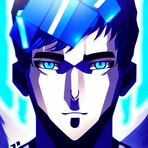 Image similar to a highly detailed portrait of a man with navy blue hair and blue glowing eyes, summoning blue transparent cubes, high detail clothing, concept art, anime, artstation, professional