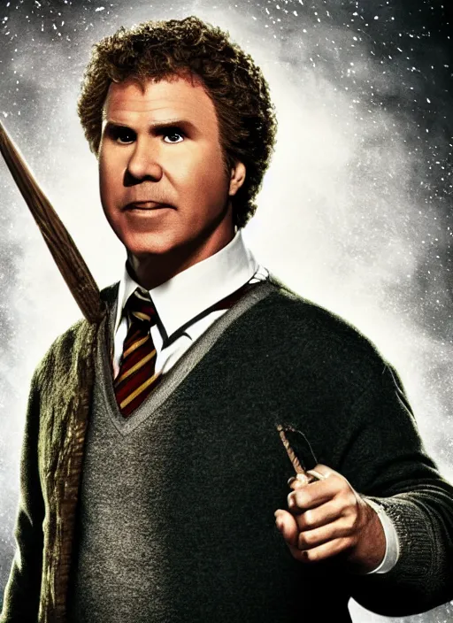 Image similar to will ferrell in harry potter, movie still frame, cinematic, 4 k