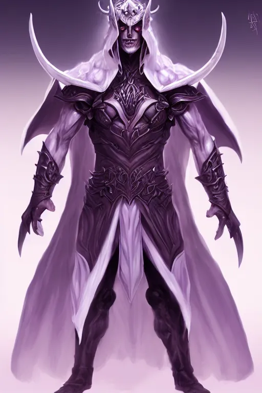 Image similar to human male demon, full body white purple cloak, hero, heavy scale armor, character concept art, costume design, black eyes, white horns, trending on artstation, Artgerm , WLOP