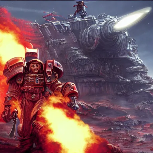 Image similar to a beautiful highly detailed matte painting of Warhammer 40k Space Marine Blood Ravens soldier standing next to a spaceship