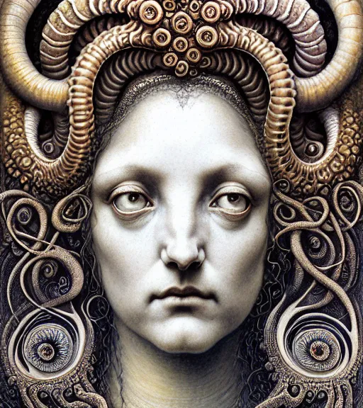 Image similar to detailed realistic beautiful ammonite goddess face portrait by jean delville, gustave dore, iris van herpen and marco mazzoni, art forms of nature by ernst haeckel, art nouveau, symbolist, visionary, gothic, neo - gothic, pre - raphaelite, fractal lace, intricate alien botanicals, biodiversity, surreality, hyperdetailed ultrasharp octane render