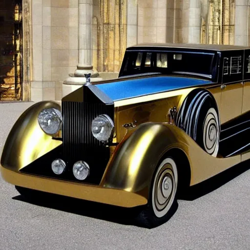 Prompt: art deco rolls royce ultra futuristic car, art deco painting mother - of - pearl and gold, aerodynamic!!!!!!!