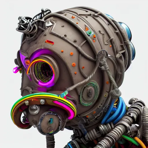 Image similar to a detailed claymodel of a dieselpunk rococo robot head wearing multicolored wires and headphone, 8 k, front view, symetrical, flourescent colors, halluzinogenic, multicolored, exaggerated detailed, front shot, 3 d render, octane