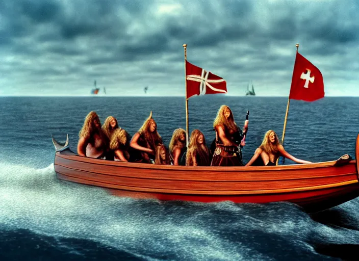 Image similar to photo of beautiful angry viking women in speed boats invading scottland, by richard corben by william eggleston by annie leibovitz, fujifilm velvia 5 0. masterpiece. intricate, hyper realism, high detail, octane render, unreal engine, 8 k, by katsuhiro otomo