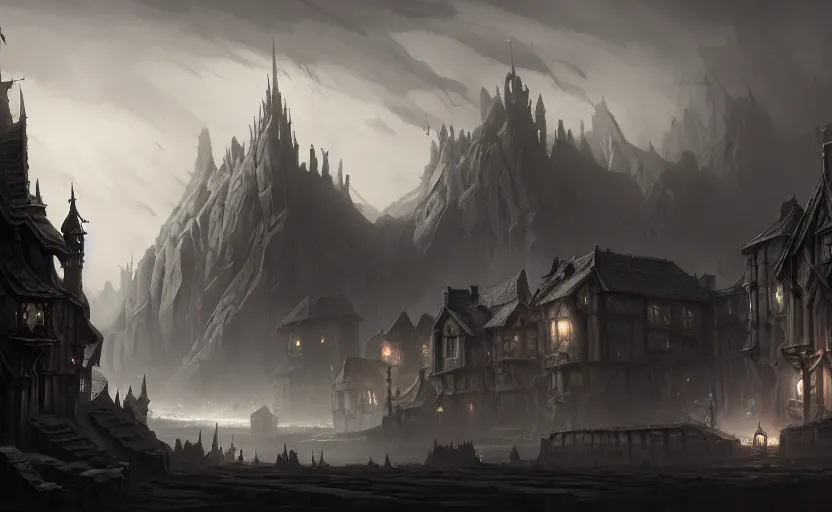 Image similar to extreme long shot concept art depicted old english majestic town, dramatic mood, overcast mood, dark fantasy environment, dieselpunk, art by legends of runeterra and league of legends and arcane, art by tony sart and mauro belfiore, trending on artstation, unreal engine, golden ratio, spectacular composition