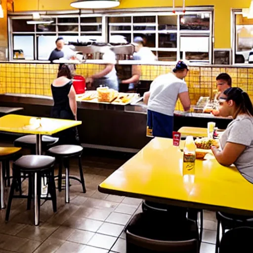 Image similar to busy wafflehouse interior with customers eating breakfast and wafflehouse employees serving food and cooking behind countertop