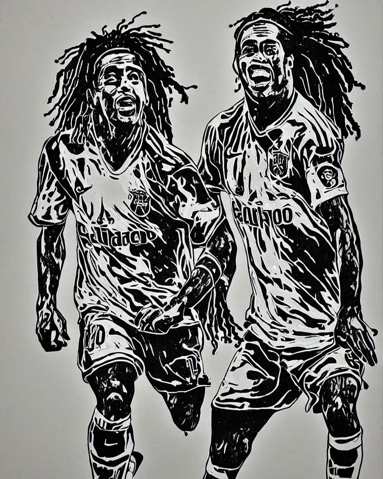 Image similar to a detailed lifelike linocut engraving of ronaldinho gaucho