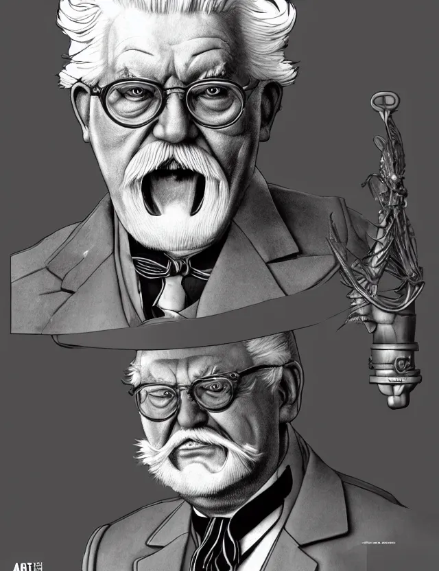 Image similar to a portrait of colonel sanders as a dictator, by moebius and tyler edlin and hr giger, trending on artstation, digital art, 4 k resolution, detailed, high quality, sharp focus, hq artwork, coherent, insane detail, concept art