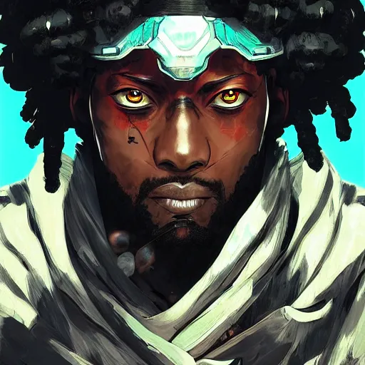 Image similar to afro samurai with robotic eyes in a cyberpunk style, Apex Legends character, digital illustration portrait design, by android jones and greg rutkowski, retrowave color scheme, detailed, cinematic lighting, wide angle action dynamic portrait