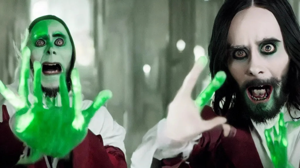 Prompt: The scene in Morbius (2022) when Jared Leto activates his large green translucent brilliant cut diamond held in his palm, shot on Kodak Vision 200T, 8k, cinematography, composition, beautiful lighting