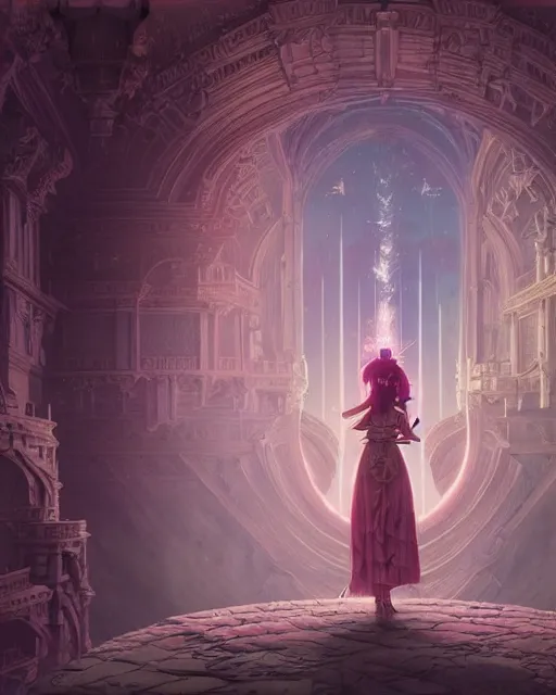 Image similar to highly detailed surreal vfx portrait of a female candypunk mage in a majestic castle by golden tree, stephen bliss, unreal engine, greg rutkowski, loish, rhads, beeple, makoto shinkai and lois van baarle, ilya kuvshinov, rossdraws, tom bagshaw, alphonse mucha, global illumination, detailed and intricate environment