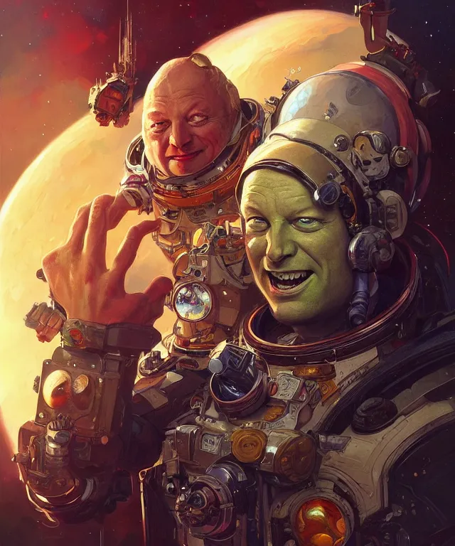 Image similar to Jamie Oliver as Space Ork, portrait, fantasy, intricate, elegant, highly detailed, digital painting, artstation, concept art, smooth, sharp focus, illustration, art by artgerm and greg rutkowski and alphonse mucha