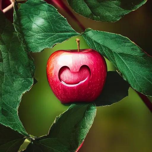 Prompt: happiest apple in the world, wide grin, photograph