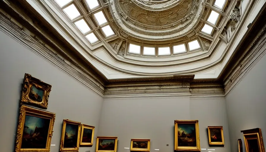 Prompt: museum of art, art gallery, fine art, realism, extreme detail, marble, stone, baroque paintings, sculptures, skylight