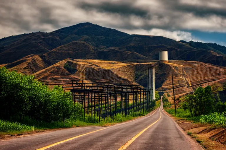 Image similar to looking down road of warehouses. hills background with radio tower on top. telephoto lens compression.