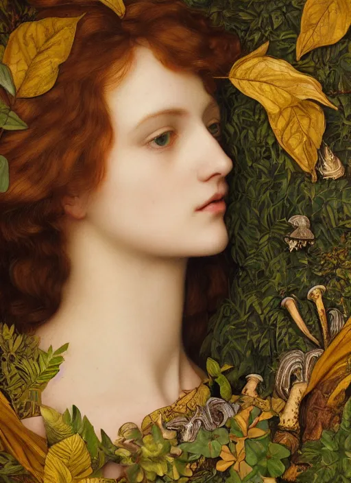 Image similar to masterpiece beautiful seductive flowing curves preraphaelite face portrait amongst leaves, extreme close up shot, straight bangs, thick set features, yellow ochre ornate medieval dress, magpie, amongst foliage mushroom forest circle arch framing, frederic leighton and kilian eng and rosetti, 4 k