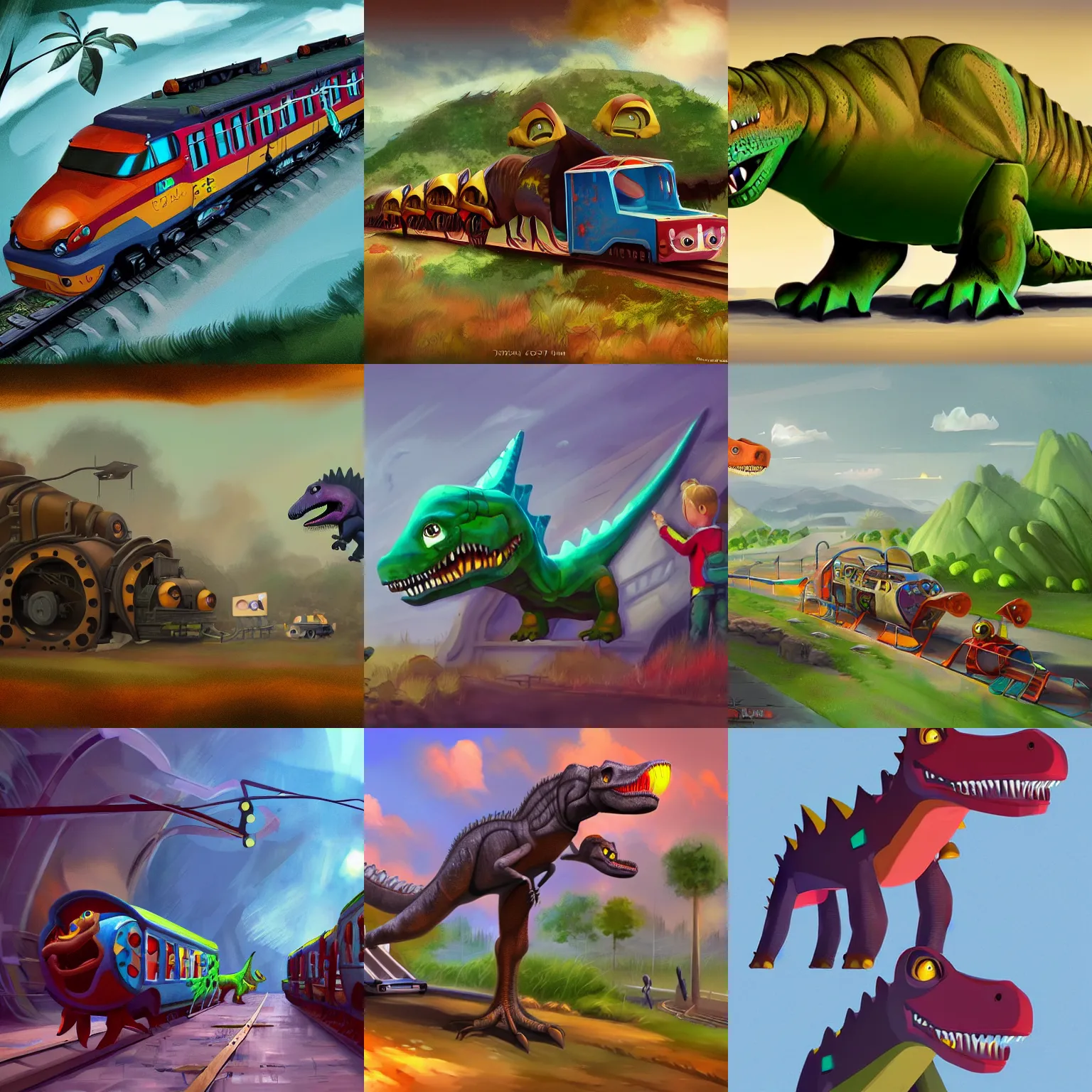 Prompt: a dinosaur train, concept art, industrial, digital art, artstation