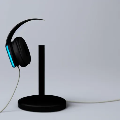 Image similar to wireless headphone stand, futuristic, techno, cyberpunk, product design, render, concept, fun, geometric