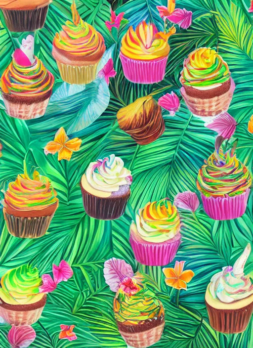 Prompt: a painting of tropical plants and reversed cupcakes by lisa frank, behance, airbrush art, digital painting