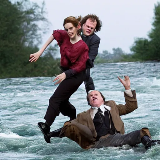 Image similar to a photograph of john c reilly throwing emma watson off of a bridge into a river