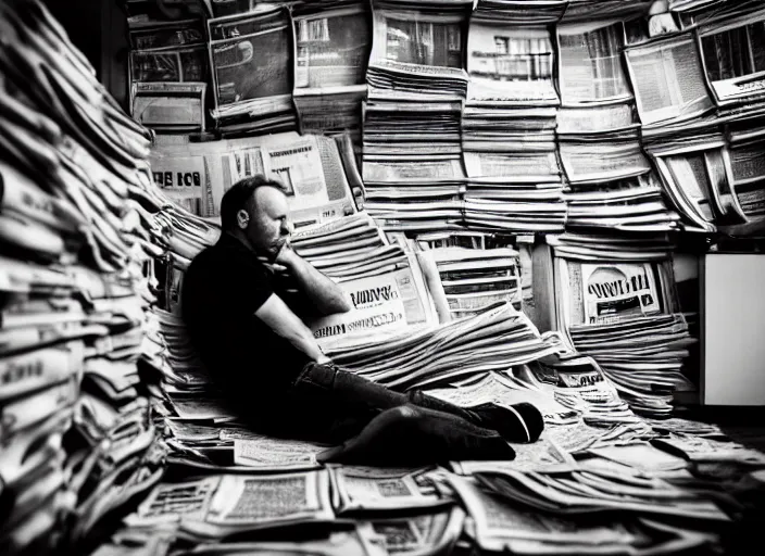 Prompt: dslr photo still of!!! alex jones!!! sitting depressed in a room filled to the ceiling with newspapers, 5 2 mm f 5. 6
