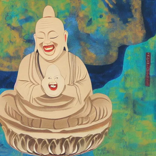 Image similar to painting of laughing buddha with cat