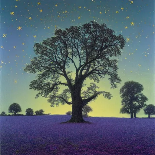 Prompt: an old oak tree in a meadow. night time. deep blue - purple night sky with stars and wispy clouds. chris van allsburg, thomas kinkade, maxfield parrish