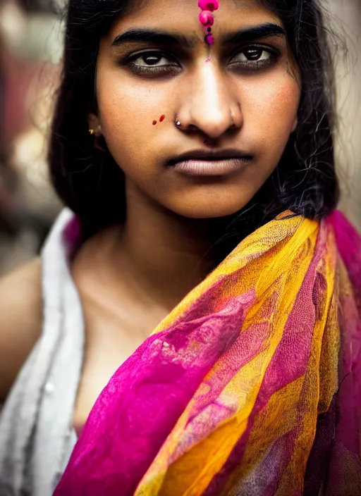 Prompt: color portrait Mid-shot of an beautiful 20-year-old Indian woman, street portrait in the style of Mario Testino award winning