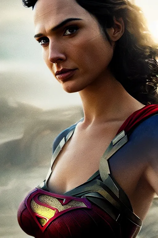 Prompt: a fancy portrait close up of Man of Steel cast as gal gadot by Greg Rutkowski, Sung Choi, Mitchell Mohrhauser, Maciej Kuciara, Johnson Ting, Maxim Verehin, Peter Konig, 8k photorealistic, cinematic lighting, HD, high details, dramatic, trending on artstation, full body shot