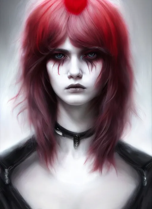 Image similar to portrait of white teenage girl, normal face, black bangs, mall goth, cyberlox, black and white hair, bangs, fluffy bangs, red contacts, intricate, elegant, highly detailed, digital painting, artstation, concept art, sharp focus, smooth, illustration, art by wlop, mars ravelo and greg rutkowski