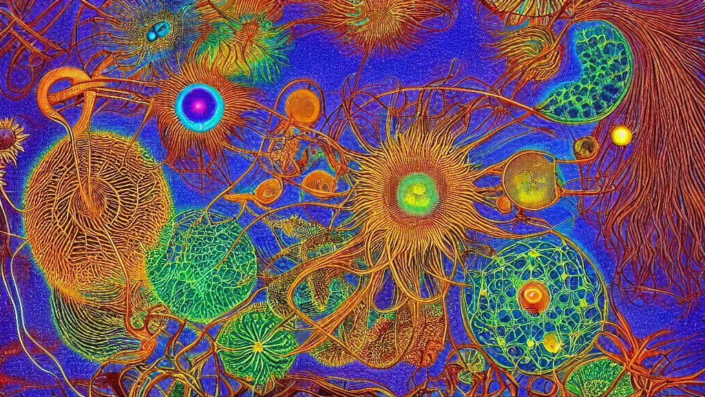 Image similar to quantum connections represented as symbiotic organisms like cells playing around with colorful lights by ernst haeckel, shinny