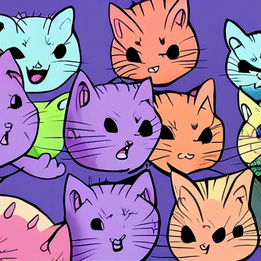 Prompt: a room full of big eye cats singing in comic art style pastel colors