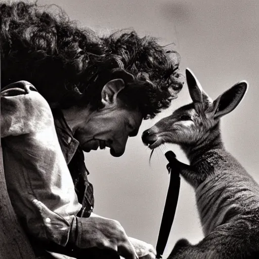 Prompt: bob dylan riding a kangaroo, photograph, high detail