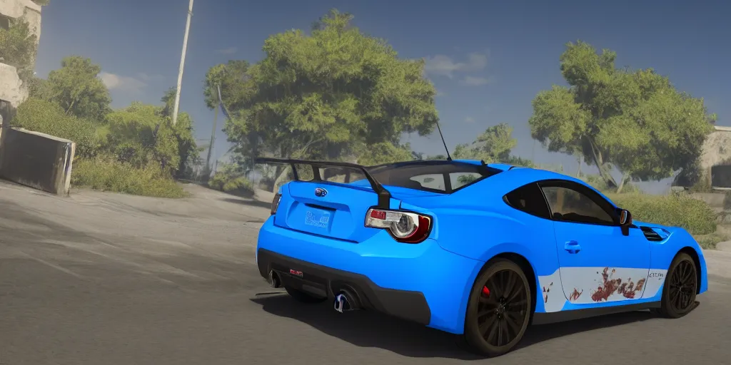 Image similar to video game concept art, blue subaru brz, cell - shaded, 4 k, ultra - high definition, unreal engine, 8 k