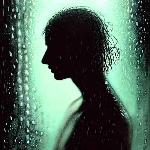 Image similar to dramatic asthetic portrait of LSD in rain with wet hair and face, liquid, fantasy, intricate, elegant, dramatic lighting, highly detailed, lifelike, photorealistic, digital painting, artstation, illustration, concept art, smooth, sharp focus, art by John Collier and Albert Aublet and Krenz Cushart and Artem Demura and Alphonse Mucha