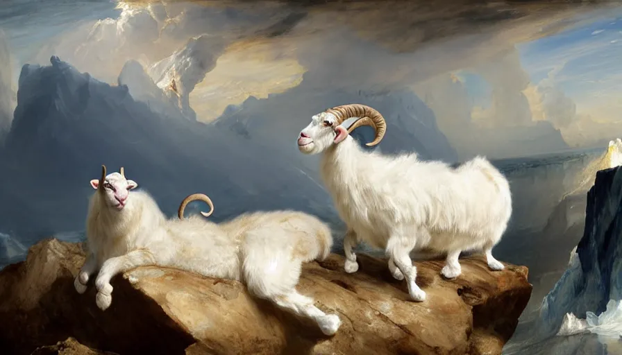 Prompt: highly detailed painting of white giant chimera goat cats with large feathered wings on a blue and white iceberg by william turner, by greg rutkowski, by william constable, thick brush strokes and visible paint layers, 4 k resolution