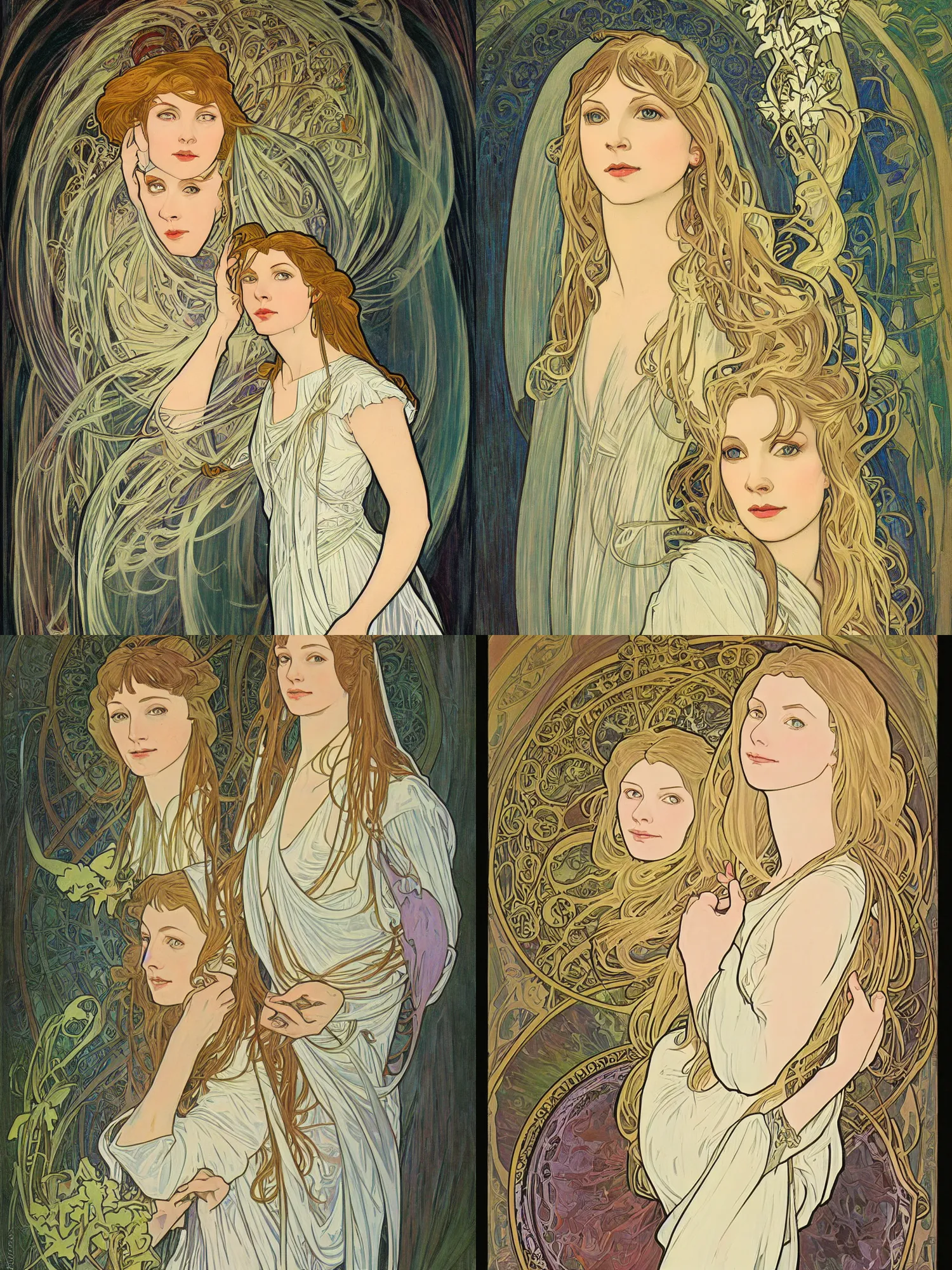 Prompt: Portrait of Galadriel painted in the style of Alphonse Mucha