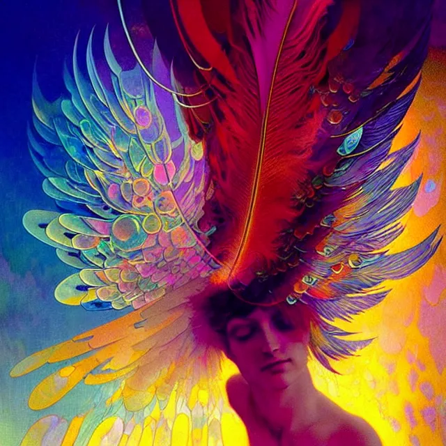 Prompt: psychedelic transcendent feather mind bending psychedelic wings of glossy liquid honey flowing like kaleidoscopic translucent holograph, lsd feathers, feathery fluff, enlightenment, high contrast dappled lighting, refracted sunset, highly detailed, concept art, art by collier, albert aublet, krenz cushart, artem demura, alphonse mucha