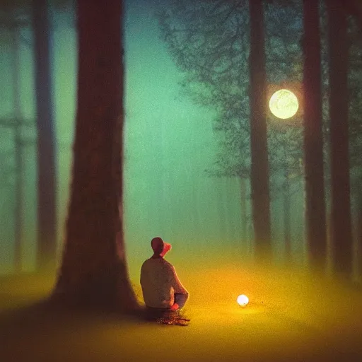 Prompt: A man sits in a forest while being lit up by the moon on a foggy night, vibrant, pastel colours, oil on canvas, depth of field, tilt-shift