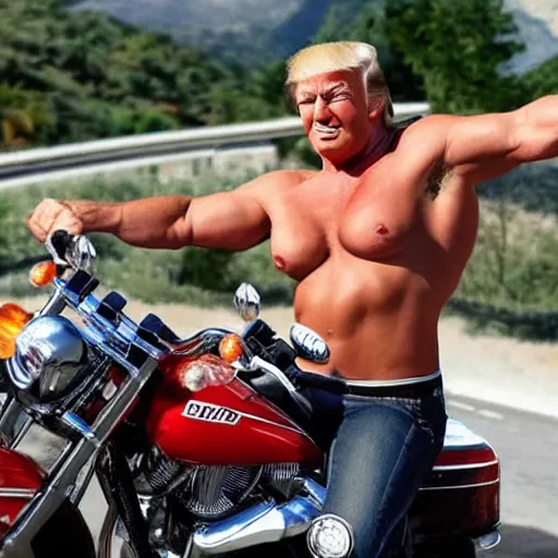 Image similar to perfect photo of extremely muscular Donald Trump in a Speedo, riding a Harley, very attractive woman on his motorcycle with him