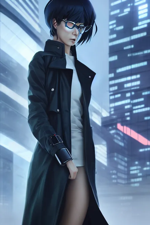 Image similar to realistic render of a cyborg - girl wearing a long trench coat by ross draws, futuristic dystopian city by ilya kuvshinov, digital anime art by ross tran, composition by sana takeda, lighting by greg rutkowski