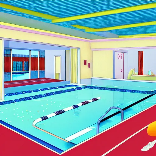 Image similar to detailed illustration of a swimming pool, interior, ornaments, artstation, hiroshi nagai, cinematic