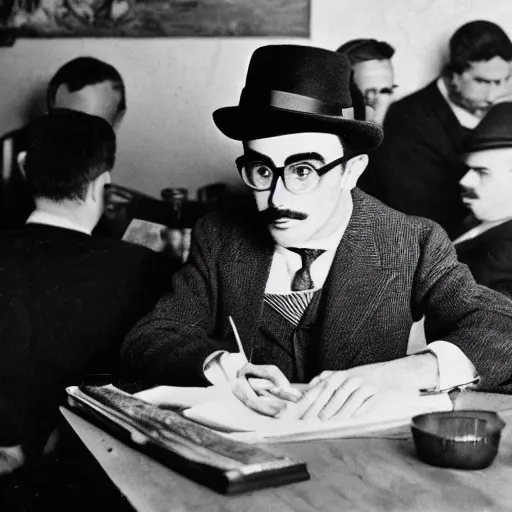 Prompt: old black and white photo of Fernando Pessoa in drinking wine at a table inside a cafe surrounded by artists and writers in suits and ties