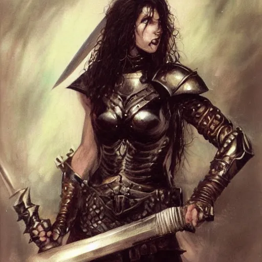 Image similar to portrait of a goth emo girl wearing armor and holding sword by frank fazetta simon bisley, fantasy, barbarian